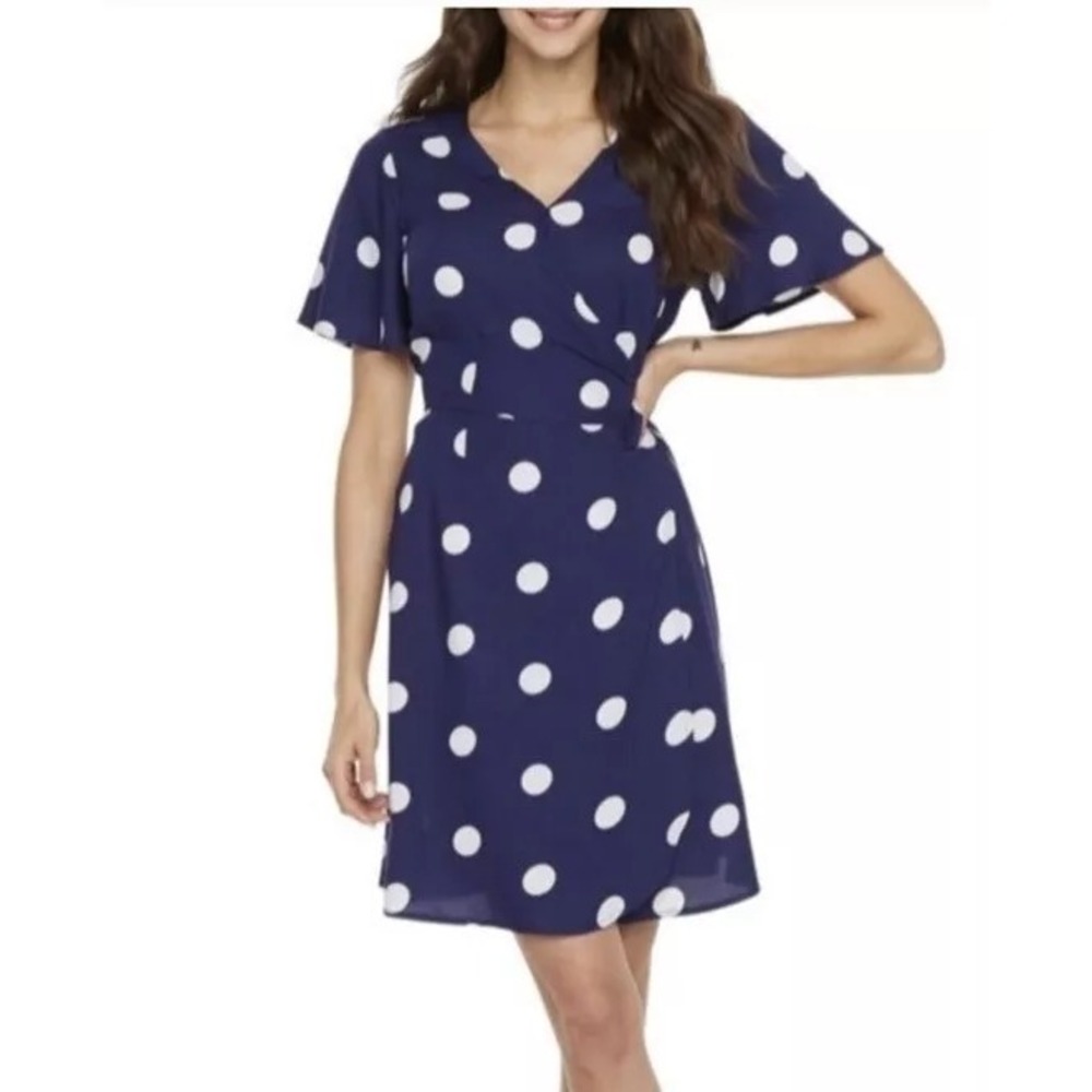 Payton & Parker Navy Blue XL Wrap Dress Tie Short Sleeve V Neck Polka Dot